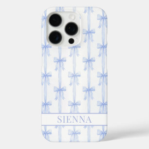 Blue Coquette Bows Striped Monogrammed iPhone 16 Pro Case
