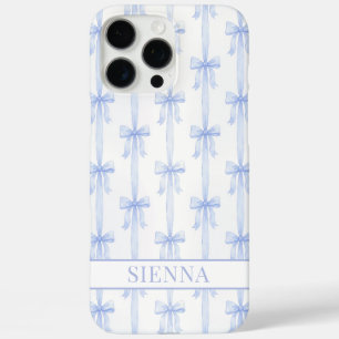 Blue Coquette Bows Striped Monogrammed iPhone 16 Pro Max Case