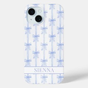 Blue Coquette Bows Striped Monogrammed iPhone 15 Case
