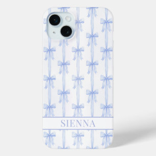 Blue Coquette Bows Striped Monogrammed iPhone 15 Mini Case
