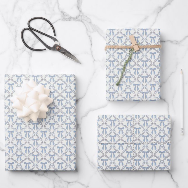 Blue Coquette Bows, Trellis, Preppy  Wrapping Paper Sheet (Front)