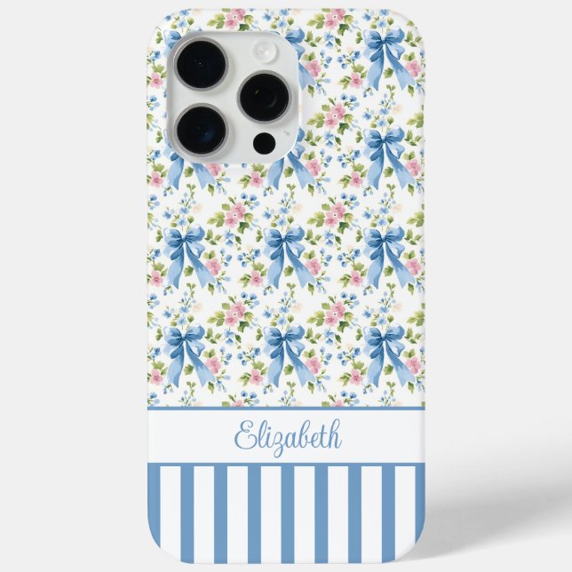 Blue Coquette Bows With Flowers Monogrammed  Case-Mate iPhone Case (Back)