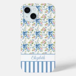 Blue Coquette Bows With Flowers Monogrammed  iPhone 15 Case