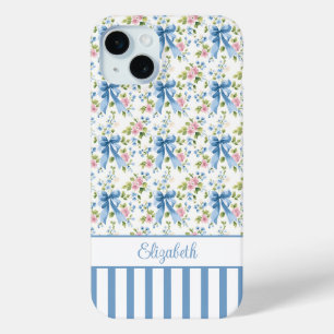 Blue Coquette Bows With Flowers Monogrammed  iPhone 15 Mini Case