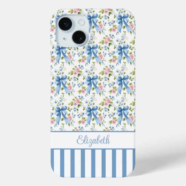 Blue Coquette Bows With Flowers Monogrammed  Case-Mate iPhone Case (Back)