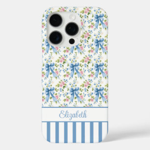 Blue Coquette Bows With Flowers Monogrammed iPhone 16 Pro Case