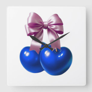 Blue Coquette Cherry Bow Aesthetic Soft Life Square Wall Clock
