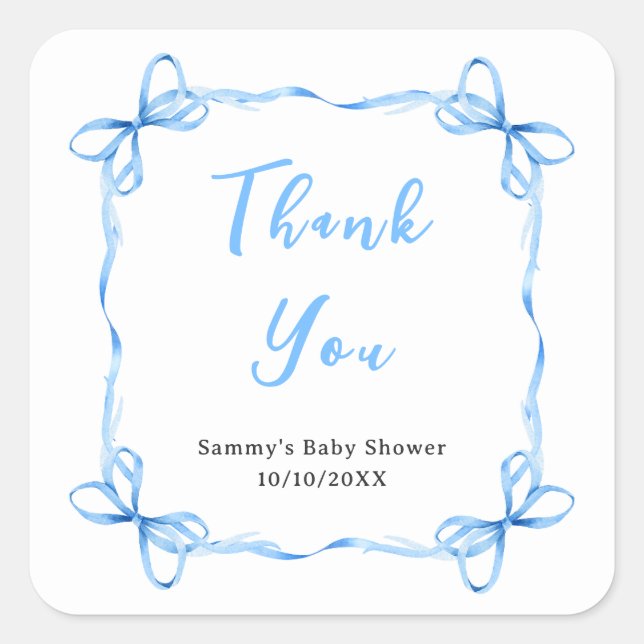 Blue Coquette Ribbon Baby Shower Thank You Square Sticker (Front)