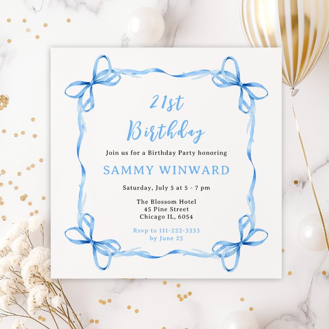 Blue Coquette Ribbon Birthday Party Invitation (Creator Uploaded)