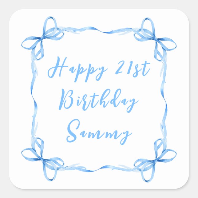 Blue Coquette Ribbon Happy Birthday Square Sticker (Front)