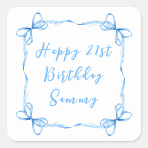 Blue Coquette Ribbon Happy Birthday Square Sticker