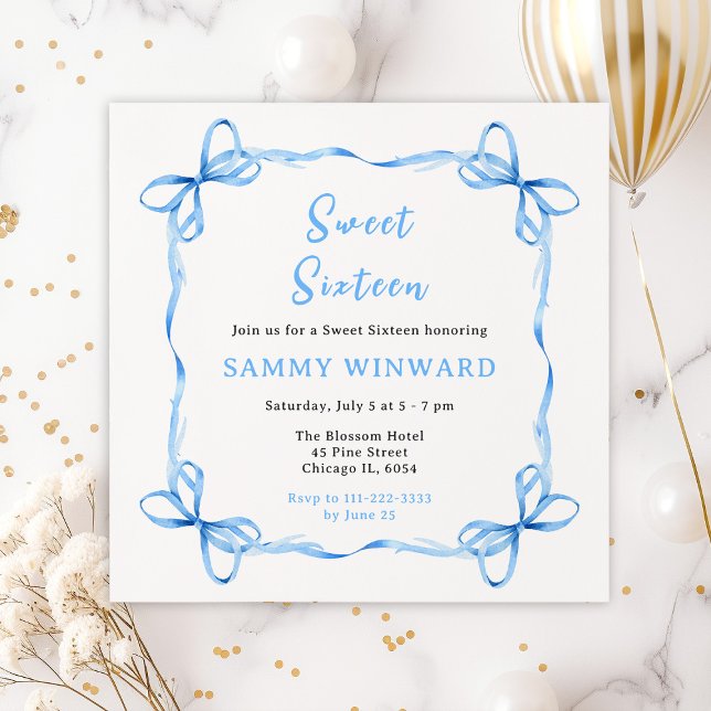 Blue Coquette Ribbon Sweet Sixteen Invitation (Creator Uploaded)