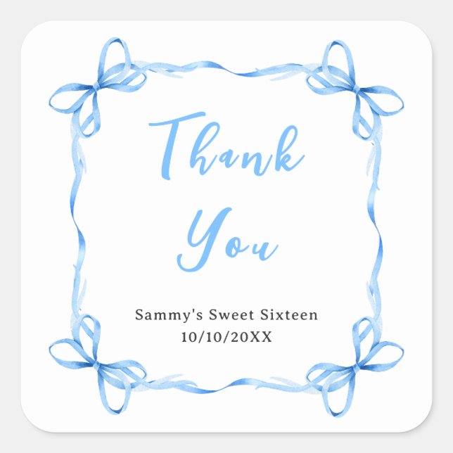 Blue Coquette Ribbon Sweet Sixteen Thank You Square Sticker (Front)