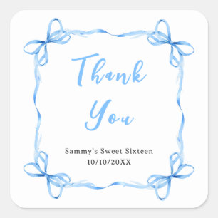 Blue Coquette Ribbon Sweet Sixteen Thank You Square Sticker