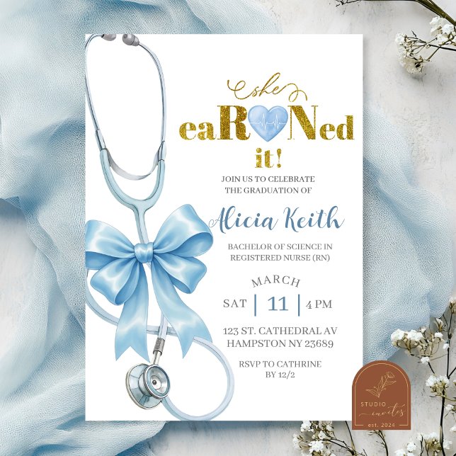Blue Coquette stethoscope She eaRNed it graduation Invitation (Creator Uploaded)