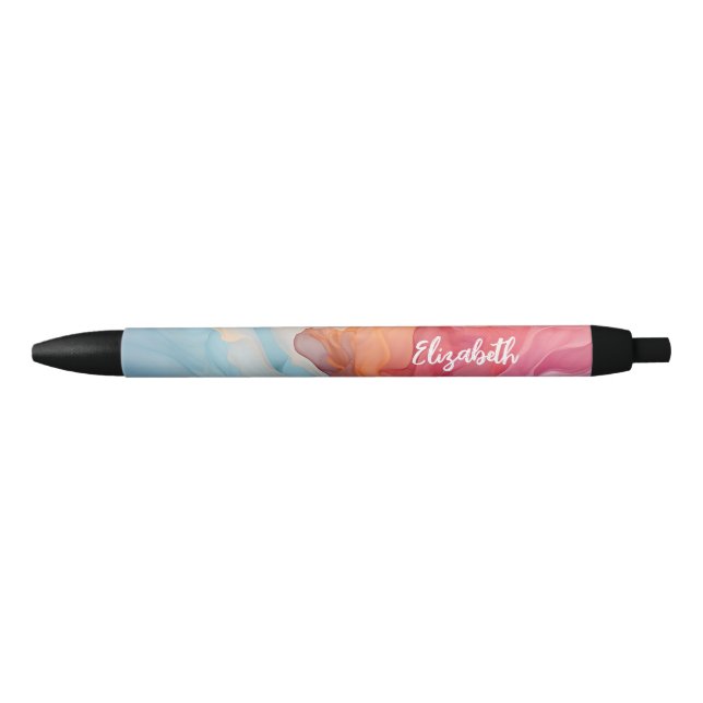 Blue Coral Alcohol Ink Swirl Personalised Name Black Ink Pen (Front)