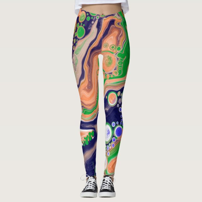 Blue, Coral and Green Pour Painting Fluid Art   Leggings (Front)