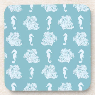 Blue Coral and Seahorses Coastal Beach Coaster