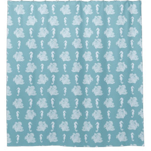 Blue Coral and Seahorses Coastal Beach Shower Curtain