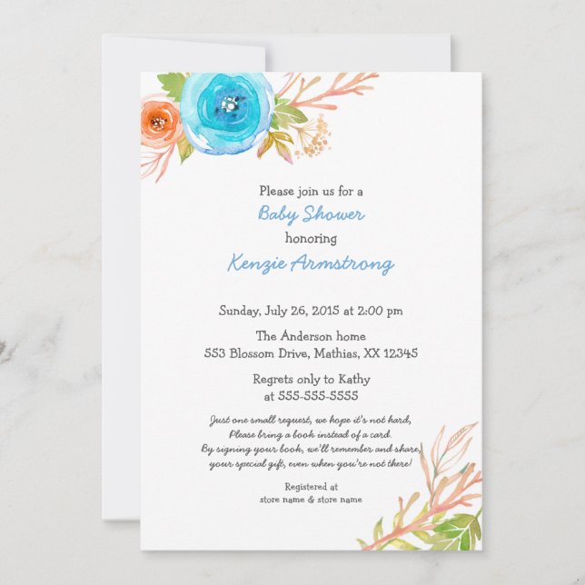 Blue Coral Baby Shower Invites neutral gender (Front)