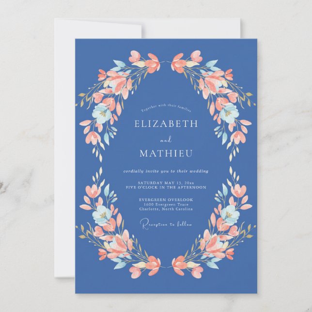 Blue Coral Bloom Romance Wedding Invitation (Front)