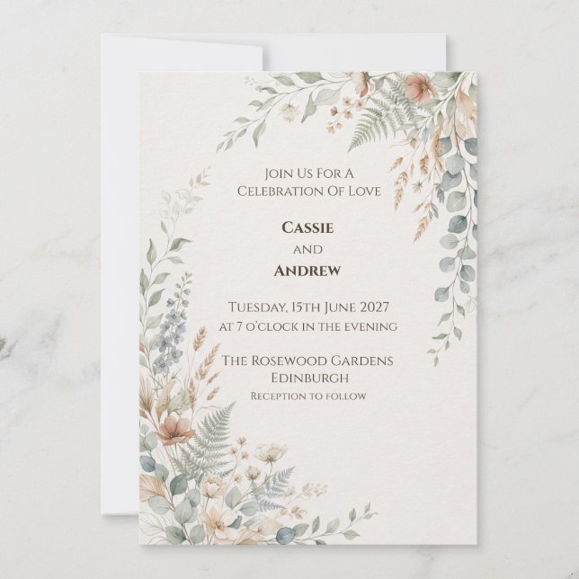 Blue Coral Botanical Wedding Invitation (Front)