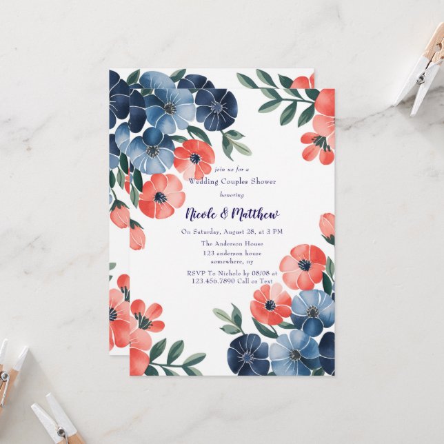 Blue & Coral Bouquet Wedding Couples Shower Invitation (Front/Back In Situ)