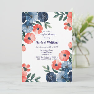 Blue & Coral Bouquet Wedding Couples Shower Invitation