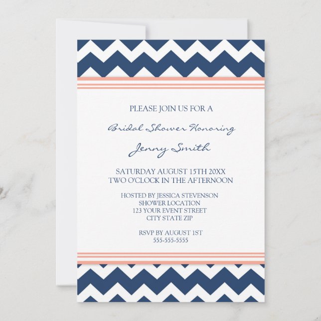 Blue Coral Chevron Bridal Shower Invitation Cards (Back)