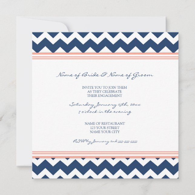 Blue Coral Chevron Engagement Party Invitations (Front)