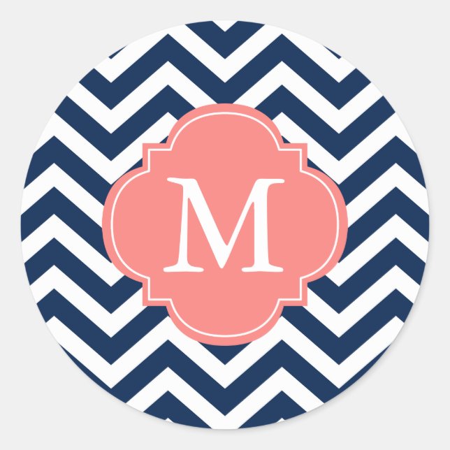 Blue & Coral Chevrons Monogram Classic Round Sticker (Front)