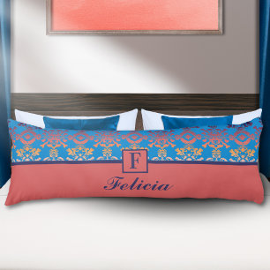 Blue Coral Damask Monogram Personalised Name Body Cushion