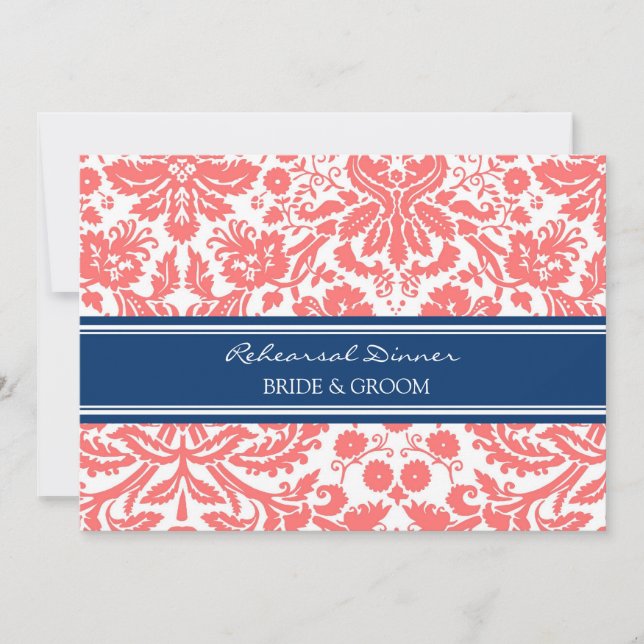 Blue Coral Damask Rehearsal Dinner Party Invitation (Front)