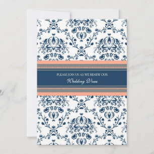 Blue Coral Damask Wedding Vow Renewal Invitations
