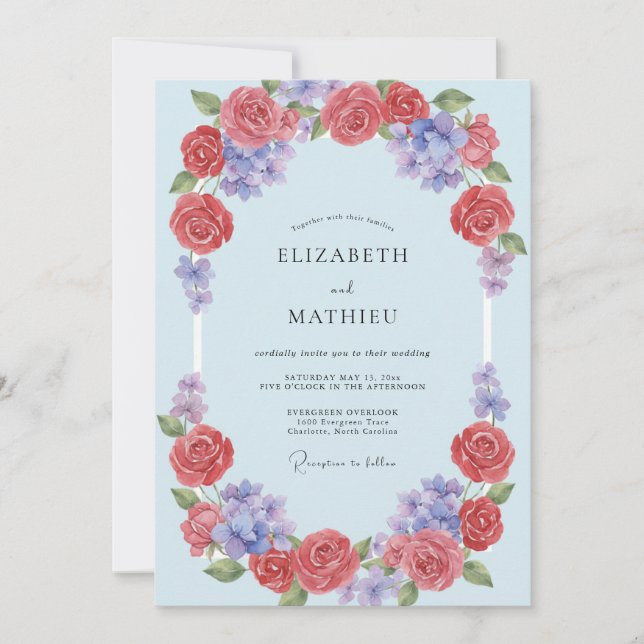 Blue Coral Floral Arch Wedding Invitation (Front)