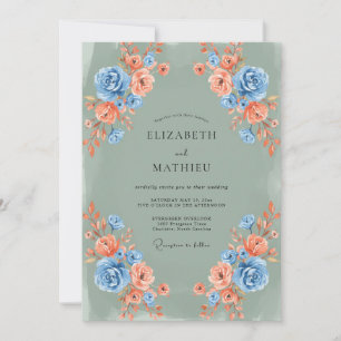 Blue Coral Floral Bouquet Wedding Invitation