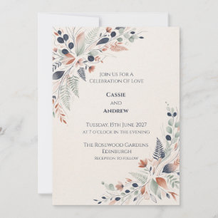 Blue Coral Floral Corner Wedding Invitation