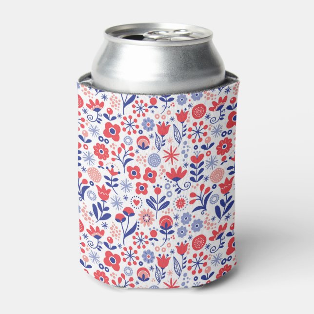 Blue & Coral Floral Pattern Can Cooler (Can Front)
