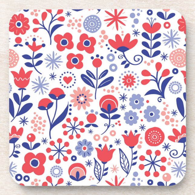 Blue & Coral Floral Pattern Coaster (Front)