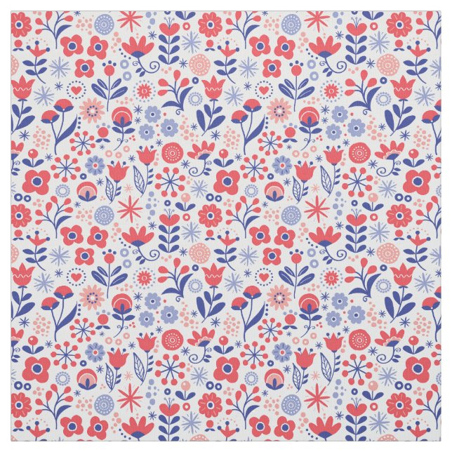 Blue & Coral Floral Pattern Fabric (Swatch)