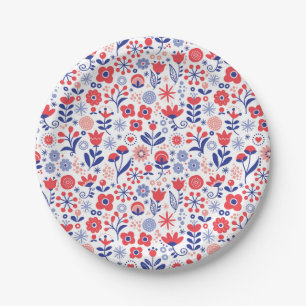 Blue & Coral Floral Pattern Paper Plate