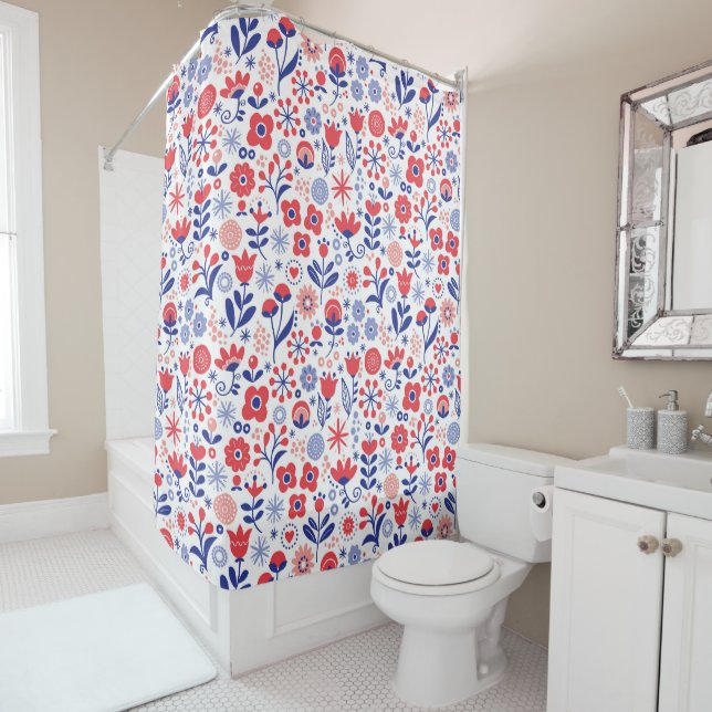 Blue & Coral Floral Pattern Shower Curtain (In Situ)
