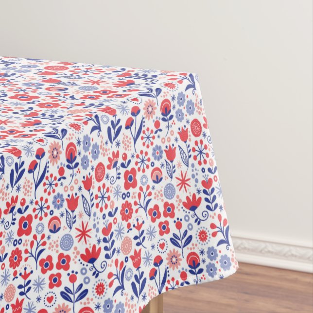 Blue & Coral Floral Pattern Tablecloth (In Situ)
