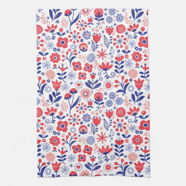 Blue & Coral Floral Pattern Tea Towel (Vertical)