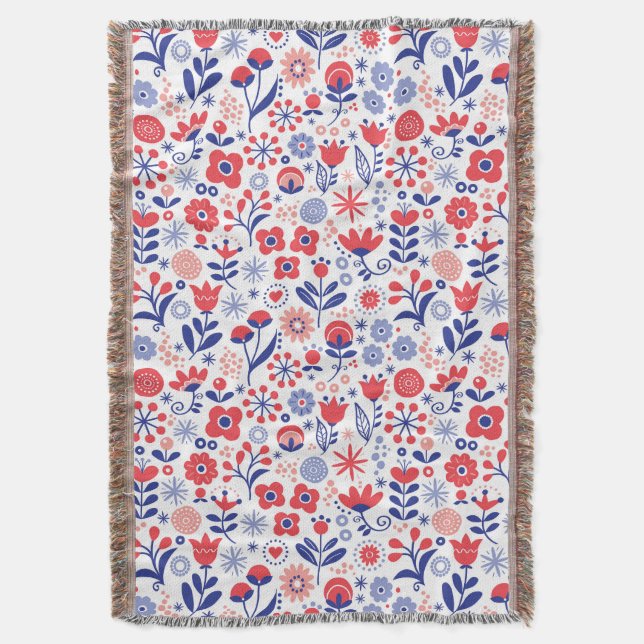 Blue & Coral Floral Pattern Throw Blanket (Front Vertical)