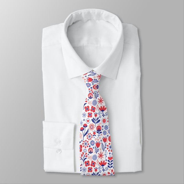 Blue & Coral Floral Pattern Tie (Tied)