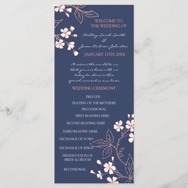 Blue Coral Floral Wedding Program Programme (Front)