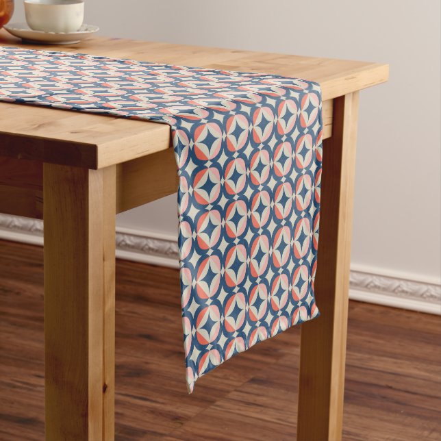 Blue & Coral Geometric Pattern Short Table Runner (In Situ)