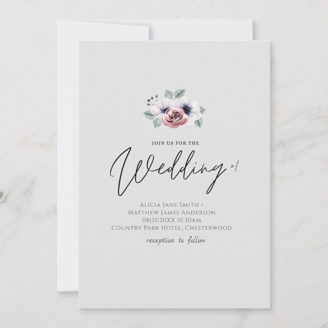 Blue Coral Grey Floral Handwriting Style Wedding (Front)