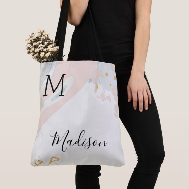 Blue Coral Marble Trendy Initial Name Monogram Tote Bag (Close Up)
